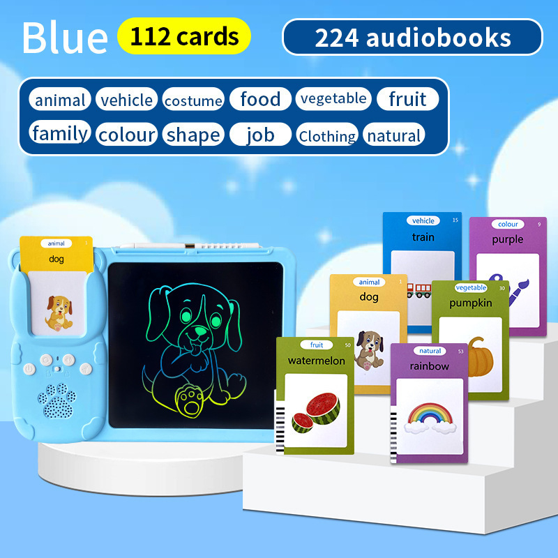V888-ELOSUNG26172-202504171632-00 Blue (112 cards, pure English) Kids Interactive Early Education Toy: Combination Card Reader & LCD Drawing Board for Toddlers - Image 1