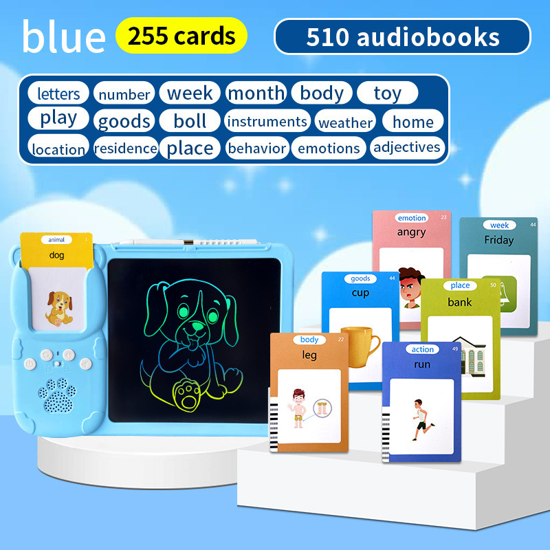 V888-ELOSUNG26173-202504171620-00 Blue (255 cards, pure English) Kids Interactive Early Education Toy: Combination Card Reader & LCD Drawing Board for Toddlers - Image 1