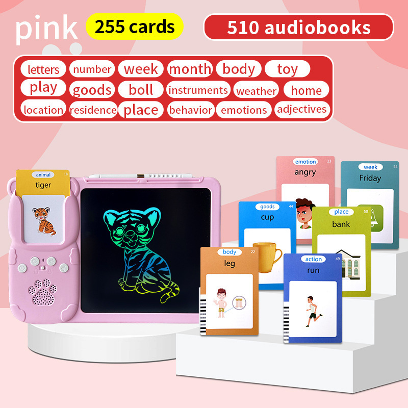 V888-ELOSUNG26175-202504171621-00 Pink (255 cards, pure English) Kids Interactive Early Education Toy: Combination Card Reader & LCD Drawing Board for Toddlers - Image 1