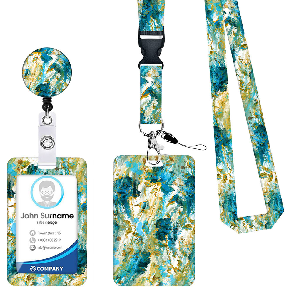 V888-ELOSUNG26239-202504211242-00 2-pcs Retractable ID Badge Reel Lanyard Set with Vertical Hard Plastic Card Holder - Blue rock patterns (Style 3) - Image 1