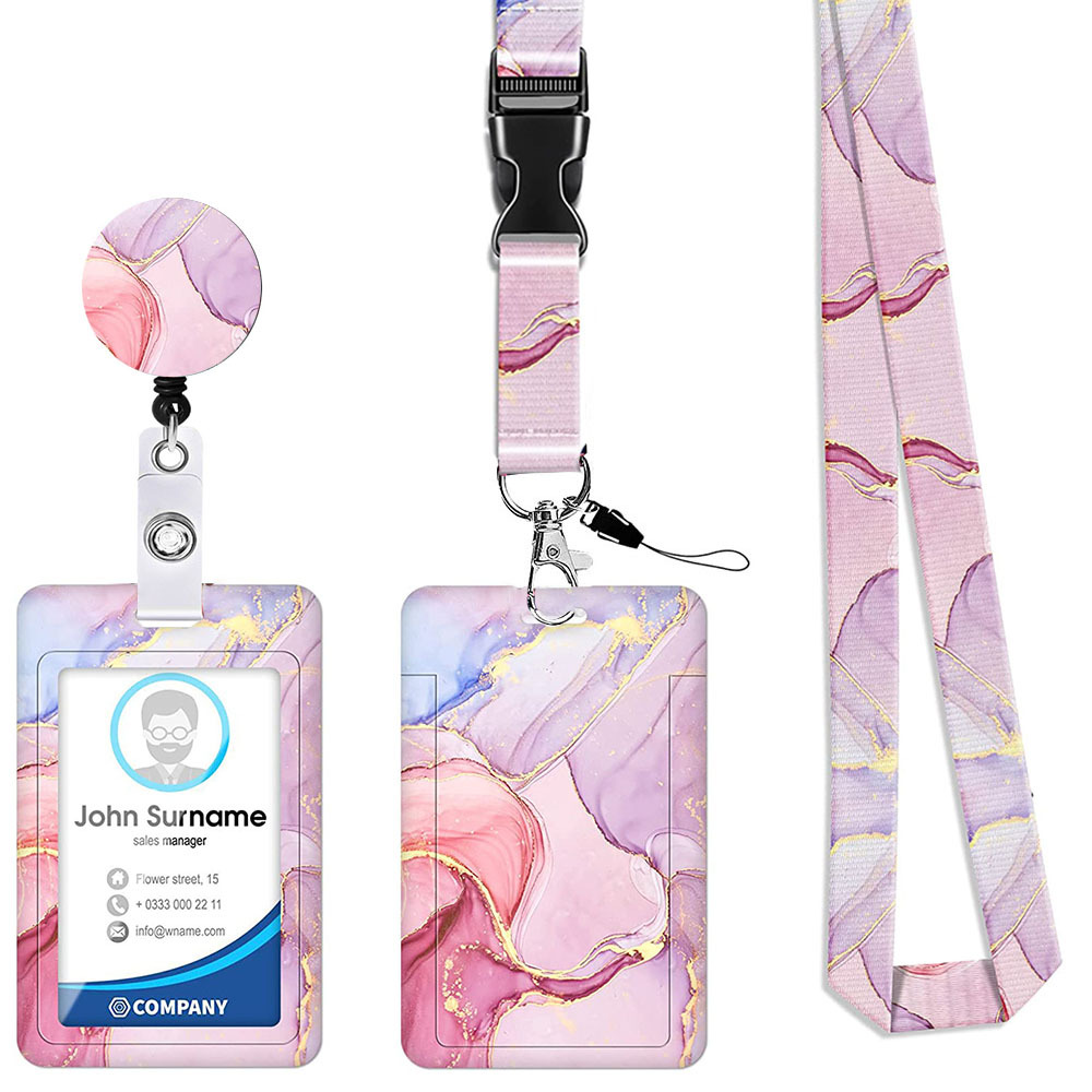V888-ELOSUNG26241-202504211312-00 2-pcs Retractable ID Badge Reel Lanyard Set with Vertical Hard Plastic Card Holder - Pink marble patterns (Style 6) - Image 1