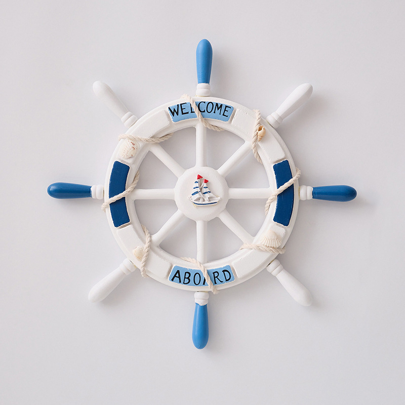 V888-ELOSUNG26260-202504211337-00 Nautical Wooden Rudder Wall Decor - 34cm Coastal Home Decor Accent (Blue and white rudder) - Image 1