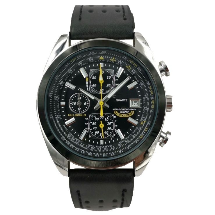 V888-ELOSUNG26274-202504211142-00 Leather Strap Black Dial Elegant Men's Quartz Chronograph Watch with 42mm Case and Perpetual Calendar - Image 1