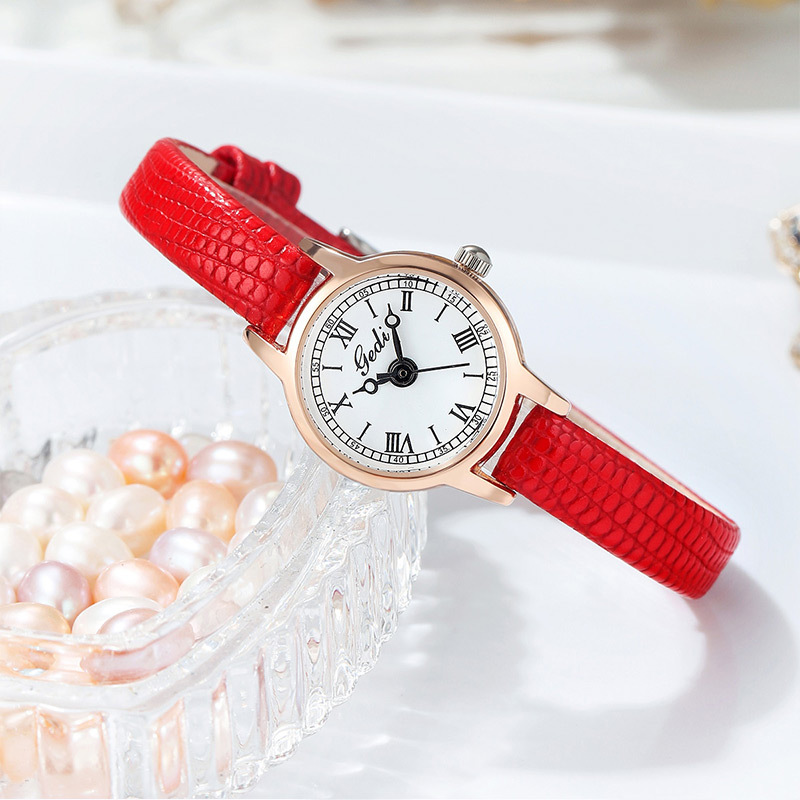 V888-ELOSUNG26311-202504281245-00 Rose Shell White Plate Red Ribbon Delicate Women's Watch - 20mm Roman Numeral Dial, Leather Strap - Image 1