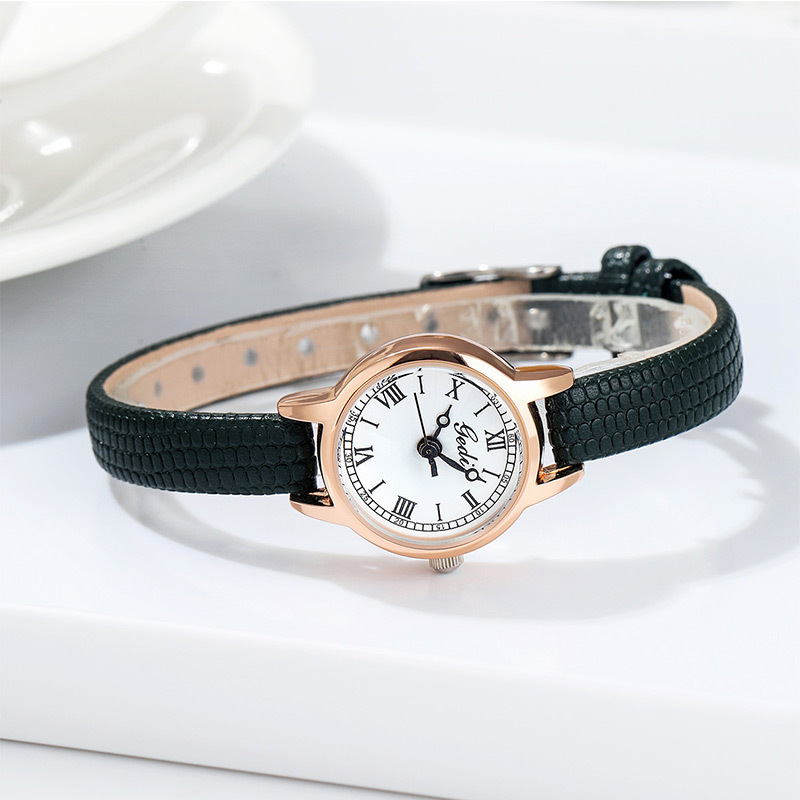 V888-ELOSUNG26312-202504281245-00 Rose Shell White Plate Green Belt Delicate Women's Watch - 20mm Roman Numeral Dial, Leather Strap - Image 1