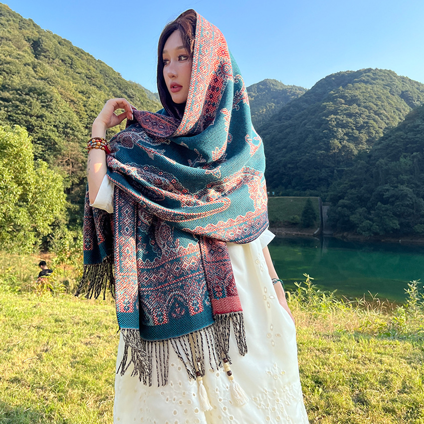 V888-ELOSUNG26317-202504281307-00 Style 3 Women's Ethnic Faux Cashmere Shawl Wrap - Jacquard Pattern Tassel Scarf (A unique blue) - Image 1
