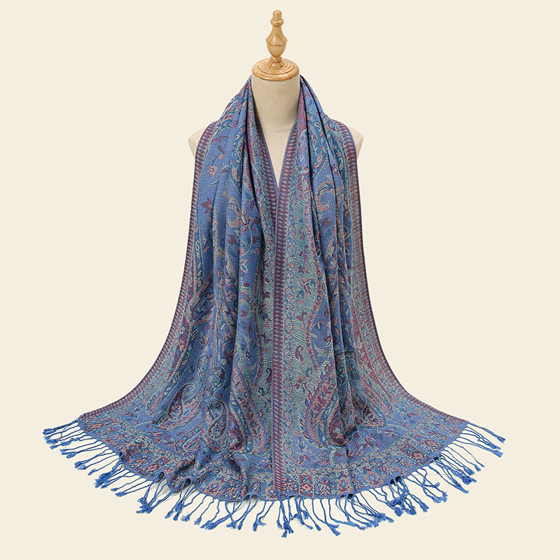 V888-ELOSUNG26334-202504281417-00 Blue Elegant Retro Paisley Print Scarf for Women - Soft Fashion Shawl Wrap 185x70cm - Image 1