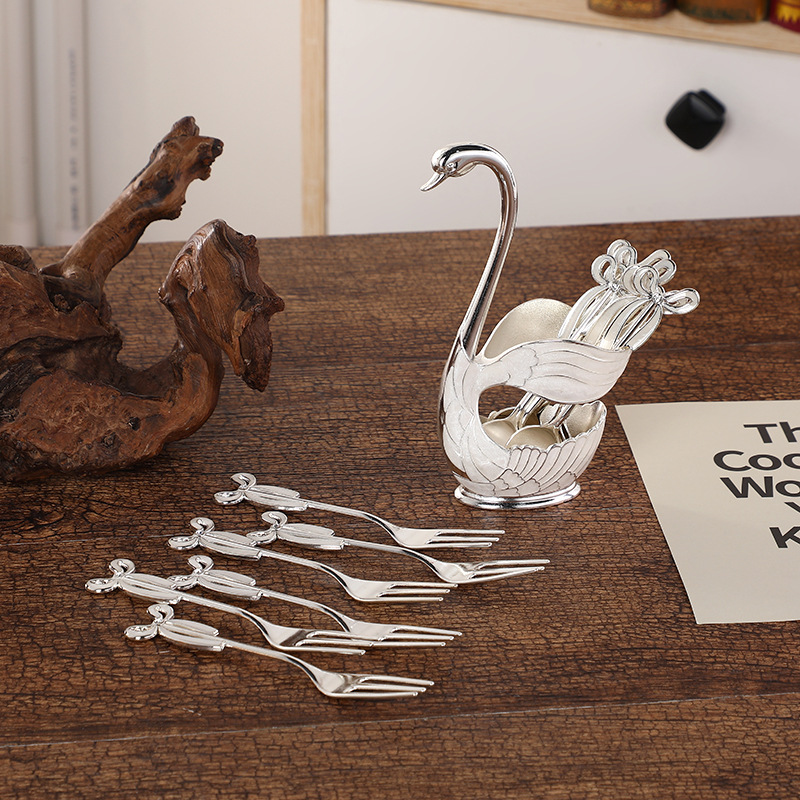 V888-ELOSUNG26340-202504281425-00 Elegant Swan Base Spoon Holder Set with 6 Coffee/Dessert Spoons(Silver fork) - Image 1