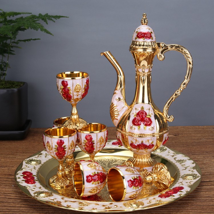 V888-ELOSUNG26393-202504281248-00 Vintage Palace Style Liquor Serving Set - Metal Pot, 6 Cups & Tray (White gold red rose) - Image 1