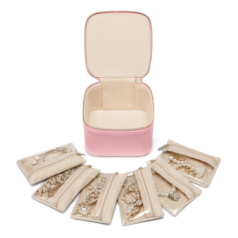 V888-ELOSUNG26473-202504281532-00 Pink Compact Travel Jewelry Box with 6 Individual Velvet Zipper Pouches - Image 1