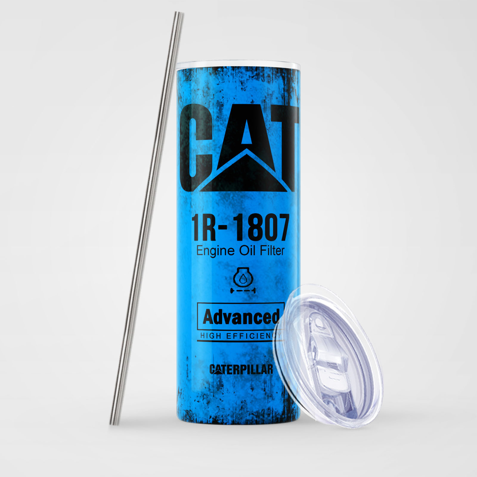V888-ELOSUNG26485-202504281551-00 Blue Skinny Tumbler (591ml) - Fun CAT Oil Filter Replica for Construction Fans - Image 1