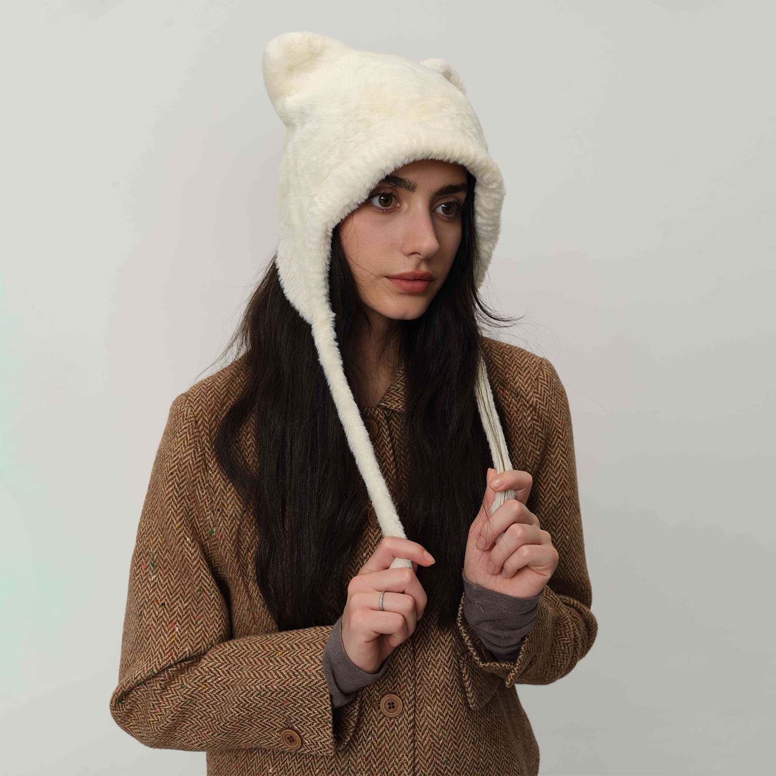 V888-ELOSUNG26615-202505131642-00 White Fluffy Cat Ear Winter Earflap Hat Women Knitted Warm Cold Weather Cap - Image 1