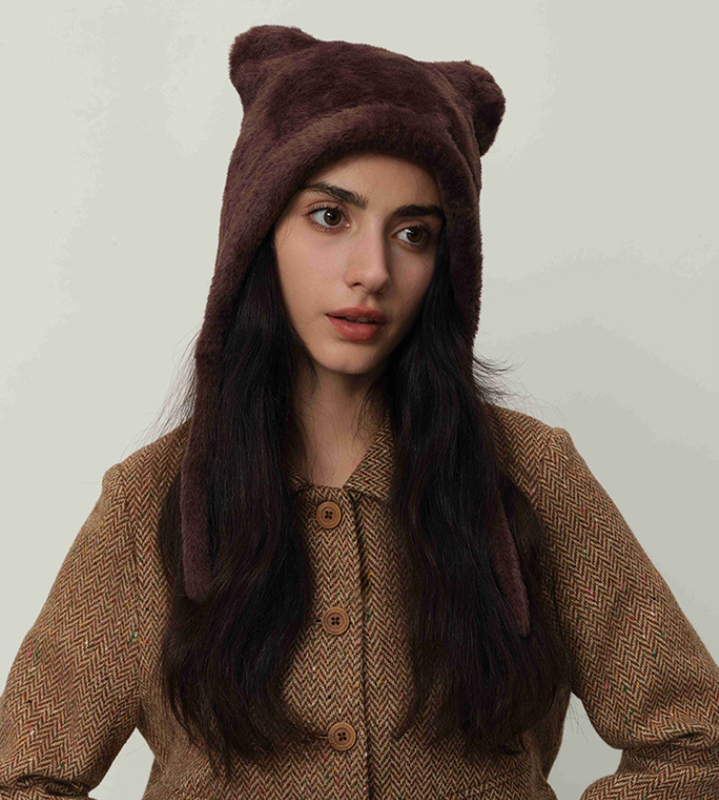 V888-ELOSUNG26616-202505131646-00 Dark brown Fluffy Cat Ear Winter Earflap Hat Women Knitted Warm Cold Weather Cap - Image 1