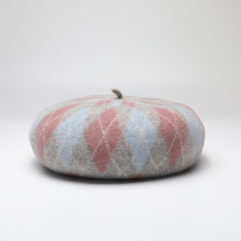 V888-ELOSUNG26628-202505131711-00 Diamond Colorblock Wool Beret - Stylish Plaid Painter Hat, Warm and Soft - (Pink) - Image 1