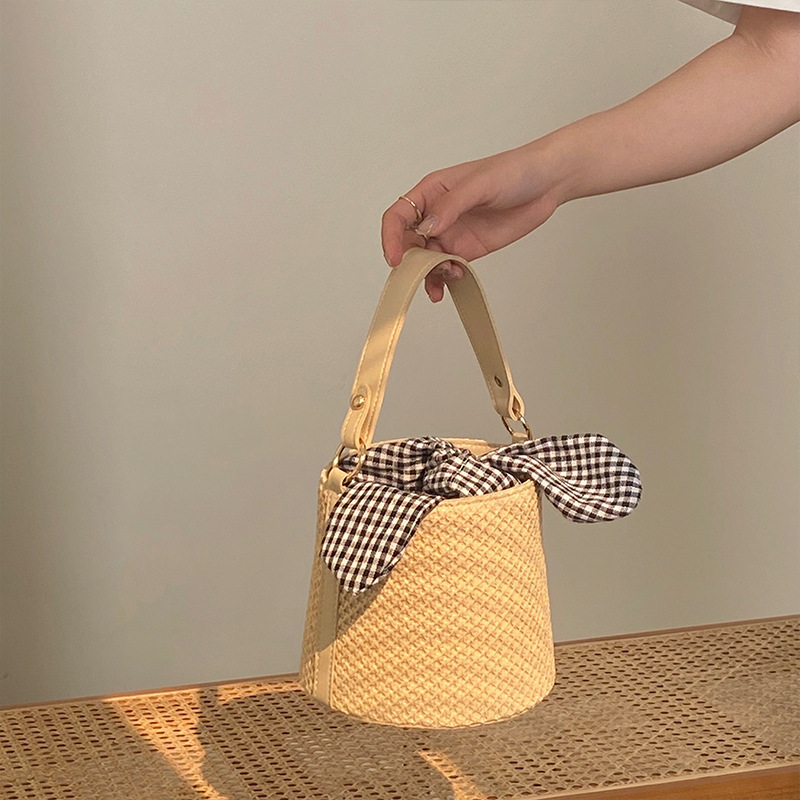 V888-ELOSUNG26735-202505131705-00 Woven Straw Bucket Bag with Gingham Bow Accent - Mini Top Handle & Crossbody - Image 1
