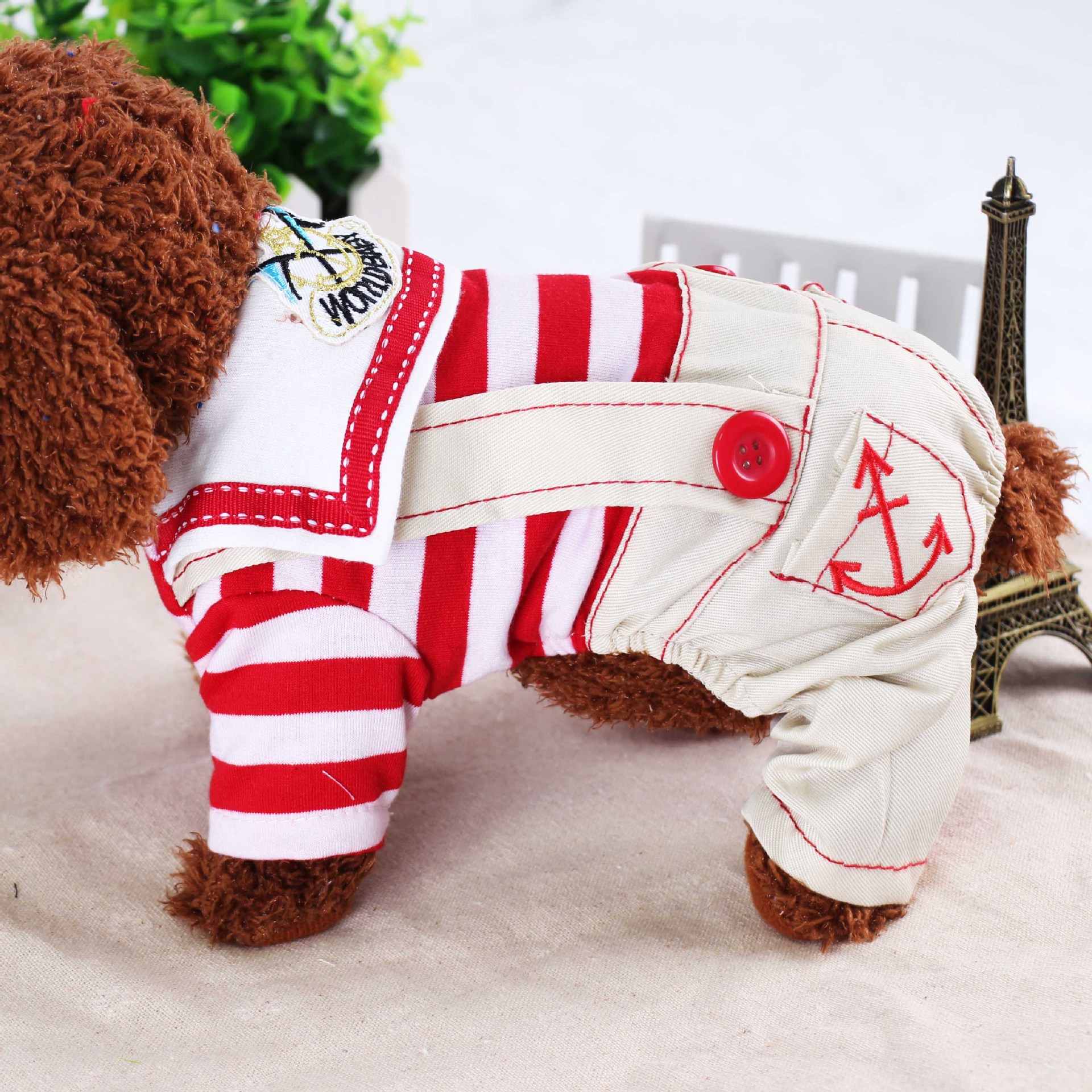 V888-ELOSUNG26789-202505131945-00 Red Cute Sailor Dog Outfit - Striped Shirt & Anchor Overalls for Small Dogs (Size : S ) - Image 1