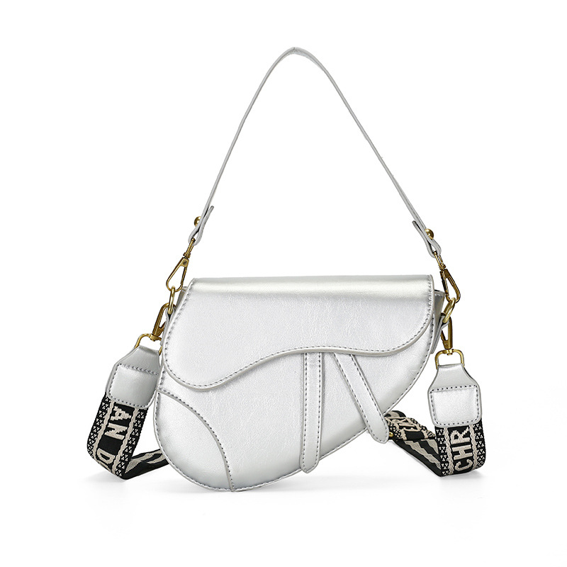 Silver Chic Saddle Crossbody Bag with Wide Guitar Strap - PU Leather