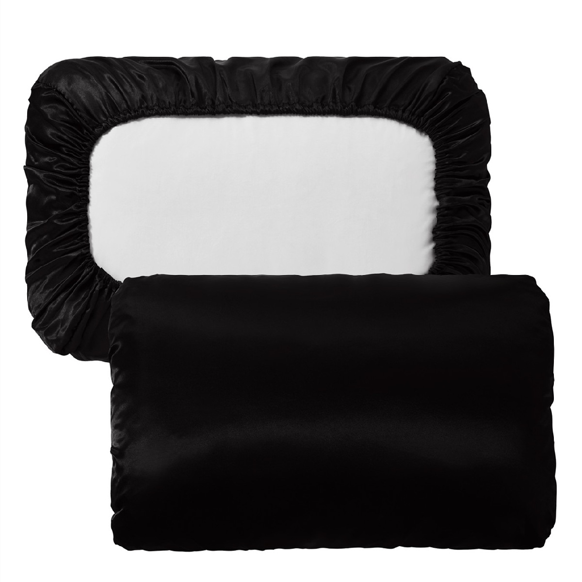 V888-ELOSUNG26841-202505151800-00 Black Silky Satin Pillowcase Pair - Smooth for Hair & Skin, Elastic Fitted (46x70+16cm) - Image 1