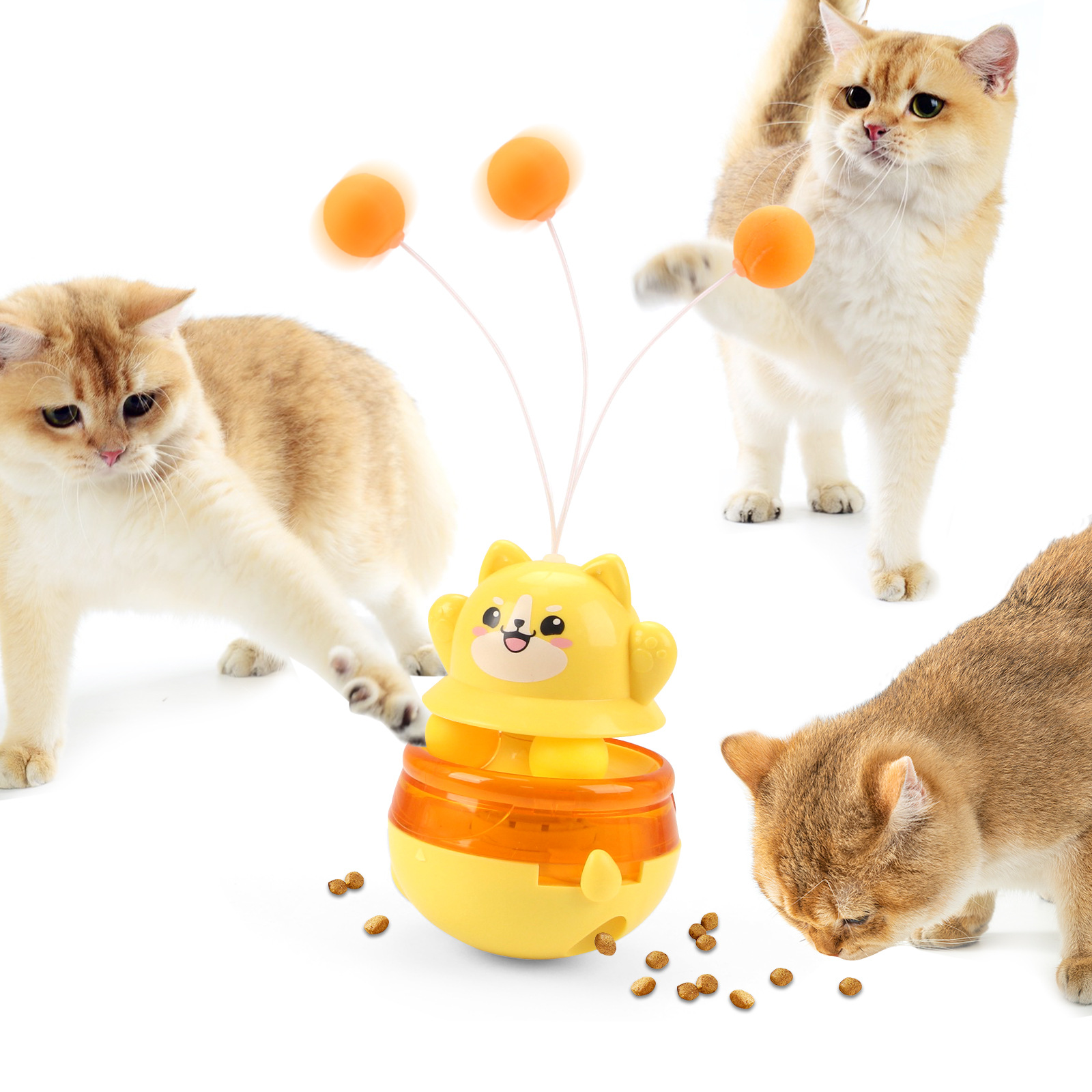 V888-ELOSUNG26855-202505151747-00 Yellow 3-in-1 Interactive Cat Toy - Tumbler, Treat Dispenser, Track & Teaser Ball - Image 1