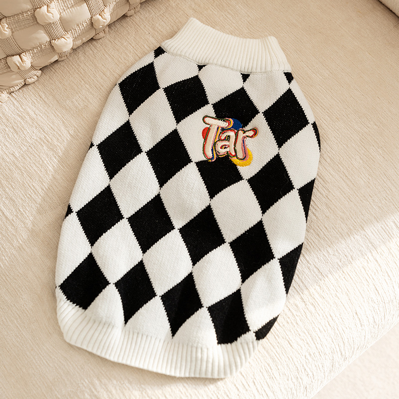 V888-ELOSUNG26863-202505151812-00 Classic Argyle Dog Sweater - Black & White Knit for Corgis & Medium Breeds (Size : M) - Image 1