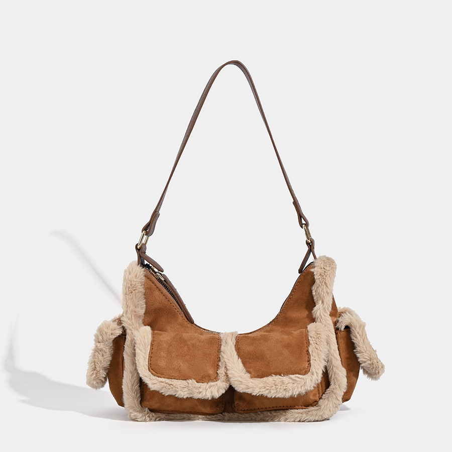 V888-ELOSUNG26917-202505191222-00 Faux Shearling Trim Suede Shoulder Bag - Multi-Pocket Y2K Retro Style - Image 1