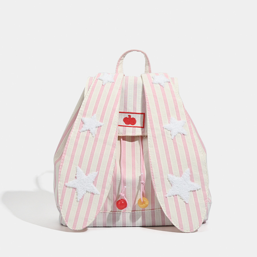 V888-ELOSUNG26918-202505191222-00 Cute Pink Stripe Bunny Ear Backpack - Star Applique, Kawaii Student Bag - Image 1