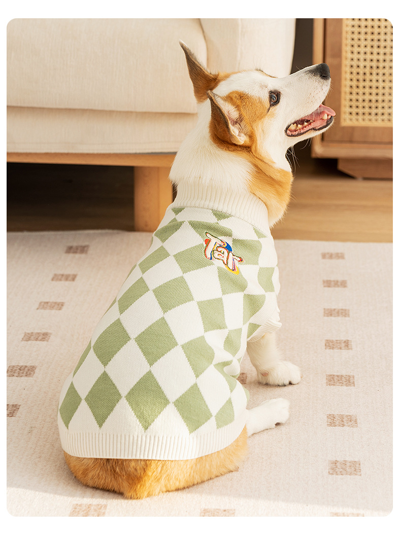 V888-ELOSUNG26960-202505191412-00 Classic Argyle Dog Sweater - Green & White Knit for Corgis & Medium Breeds (Size : L) - Image 1