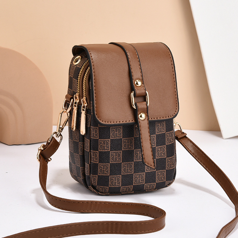 V888-ELOSUNG27084-202504211140-00 Brown and Black Chic Checkered Mini Crossbody Phone Purse - PU Leather Vertical Shoulder Bag with Headphone Port - Image 1