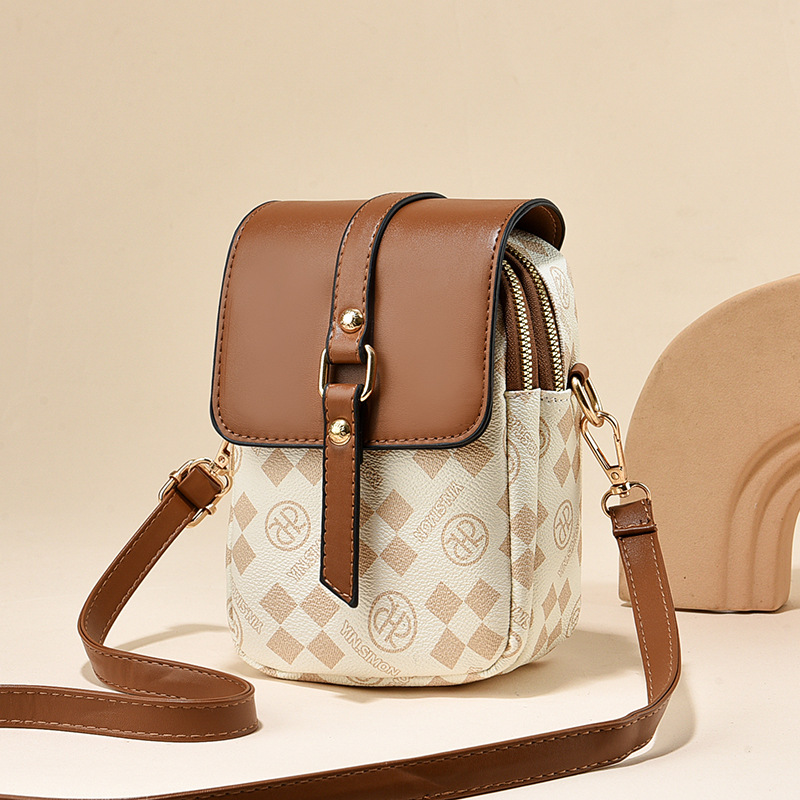 V888-ELOSUNG27086-202504211141-00 Brown and Beige Chic Diamond Mini Crossbody Phone Purse - PU Leather Vertical Shoulder Bag with Headphone Port - Image 1