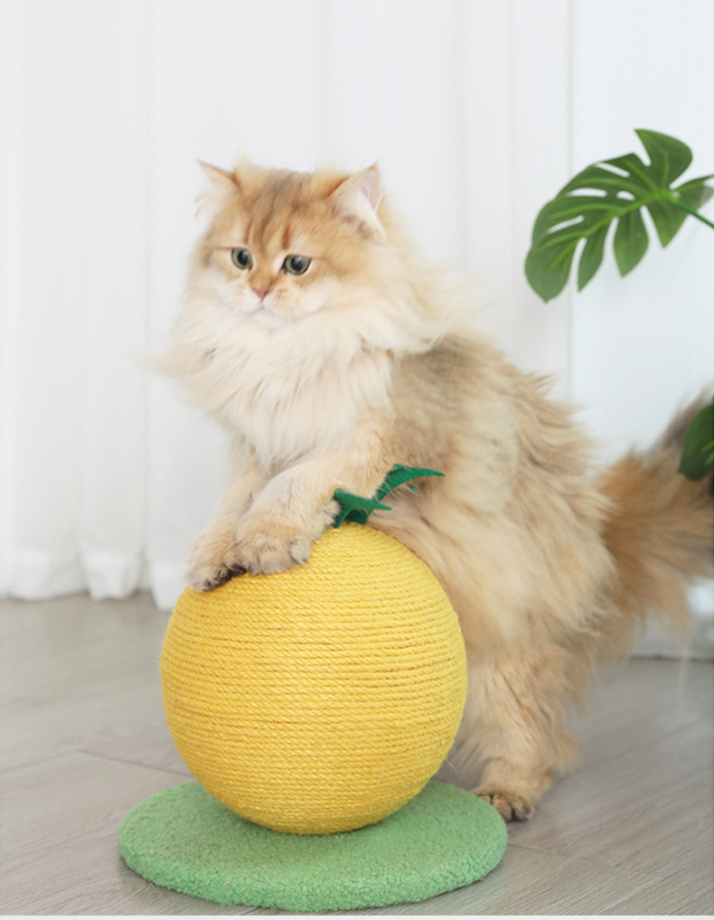 V888-ELOSUNG27126-202504221147-00 Yellow Pineapple And Green Base Fun Fruit Shaped Sisal Cat Scratcher Ball - Durable Scratching Toy with Stable Base - Image 1