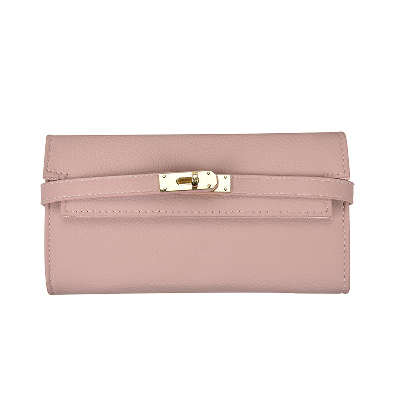 V888-ELOSUNG27155-202504281547-00 Pink Elegant Women's Turn Lock Long Wallet - Black PU Leather Clutch Purse with Card Slots & Zipper Pocket - Image 1