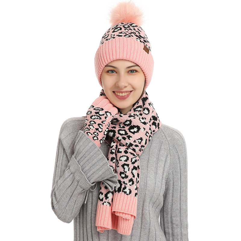 V888-ELOSUNG27167-202504281305-00 Pink Women's 3-Piece Winter Knit Set - Leopard Print Plush Lined Beanie Hat, Scarf & Touchscreen Gloves - Image 1