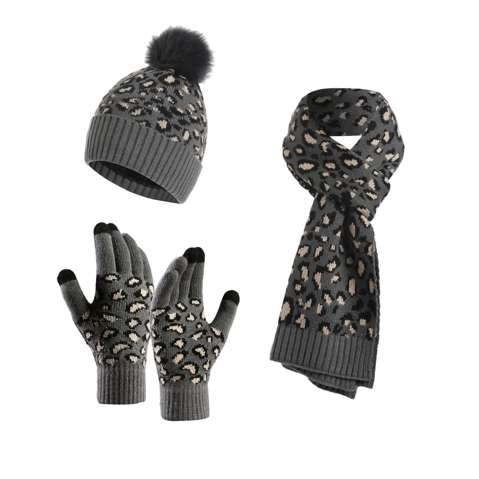 V888-ELOSUNG27169-202504281306-00 Dark Grey Women's 3-Piece Winter Knit Set - Leopard Print Plush Lined Beanie Hat, Scarf & Touchscreen Gloves - Image 1
