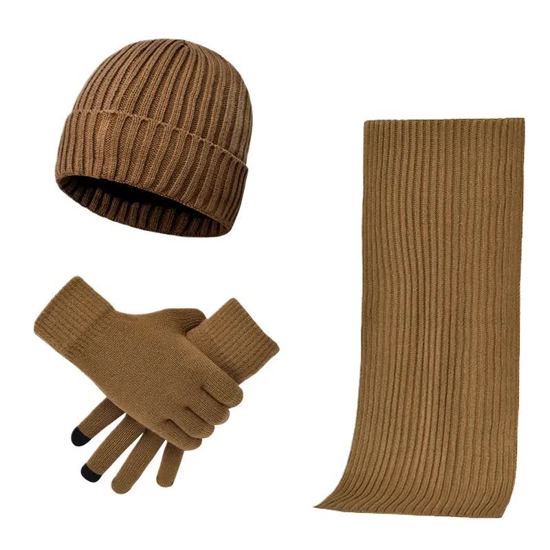 V888-ELOSUNG27174-202504281312-00 Khaki Men's 3-Piece Winter Warm Ribbed Knit Beanie Hat Scarf and Gloves Set - Image 1