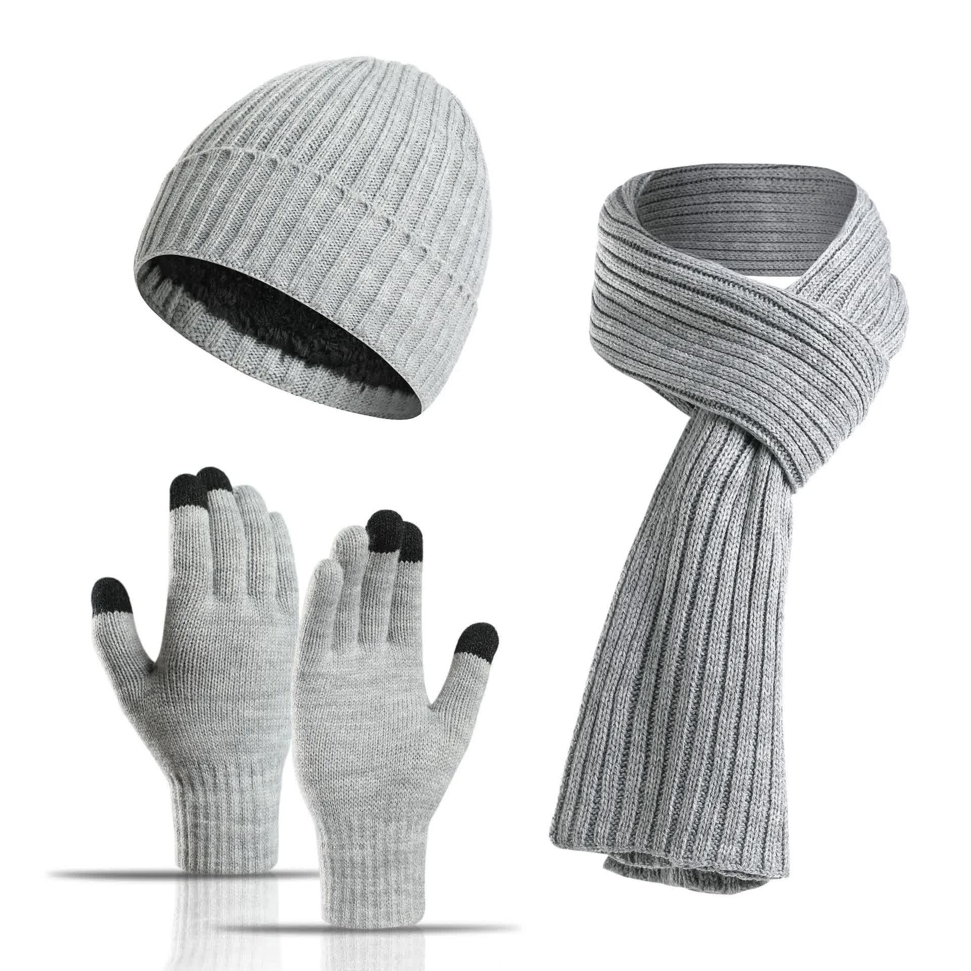 V888-ELOSUNG27176-202504281315-00 Light Grey Men's 3-Piece Winter Warm Ribbed Knit Beanie Hat Scarf and Gloves Set - Image 1