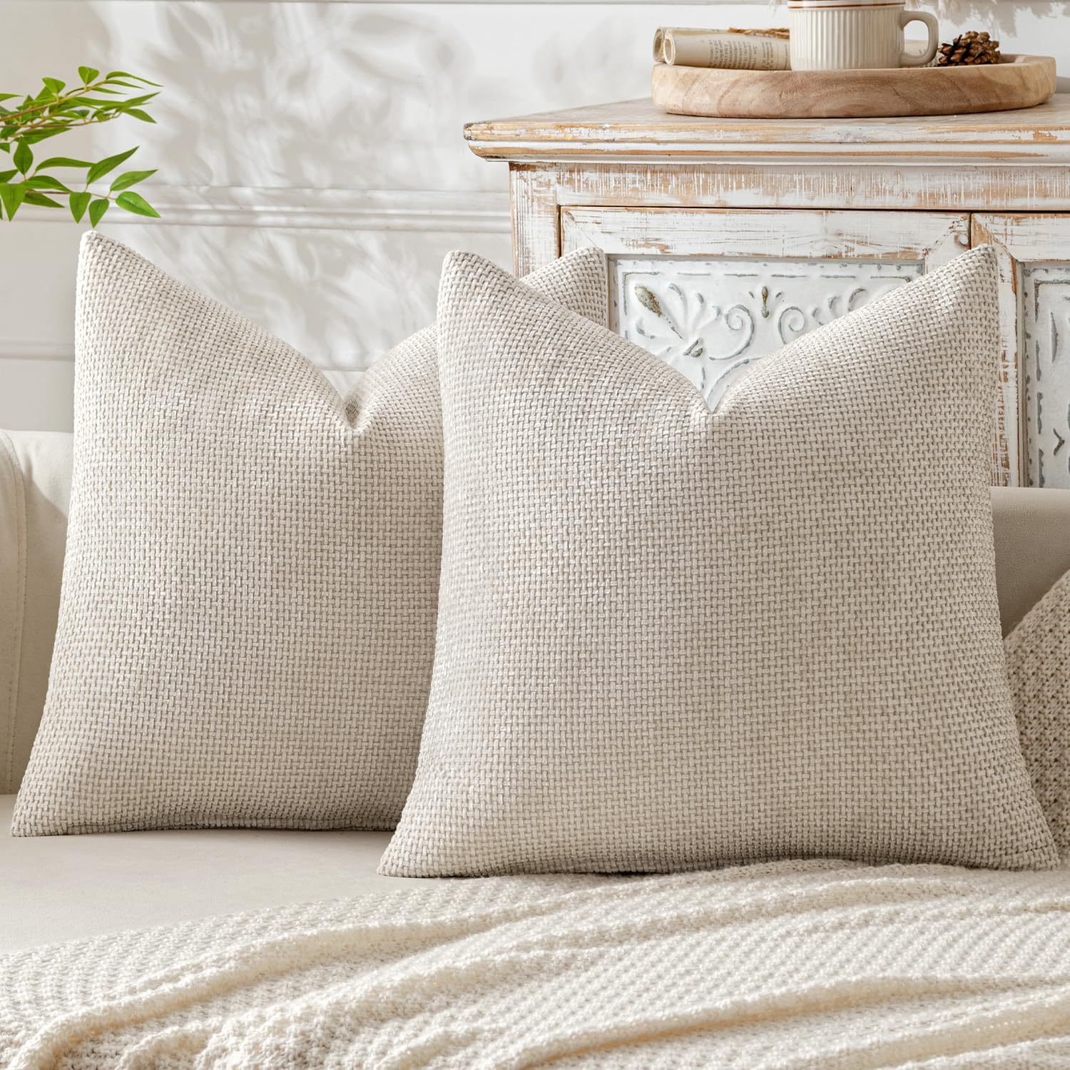 V888-ELOSUNG27213-202504281242-00 Beige Plush Chenille Cushion Covers Set of 2 - Soft Textured Decorative Throw Pillow Cases for Sofa Couch, 45x45cm - Image 1