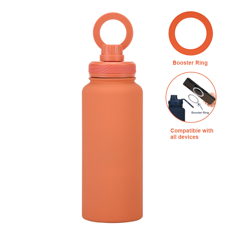 V888-ELOSUNG27246-202504281352-00 Orange 1L Stainless Steel Water Bottle with Magnetic Phone Holder Lid - Portable Hydration & Hands-Free Stand - Image 1