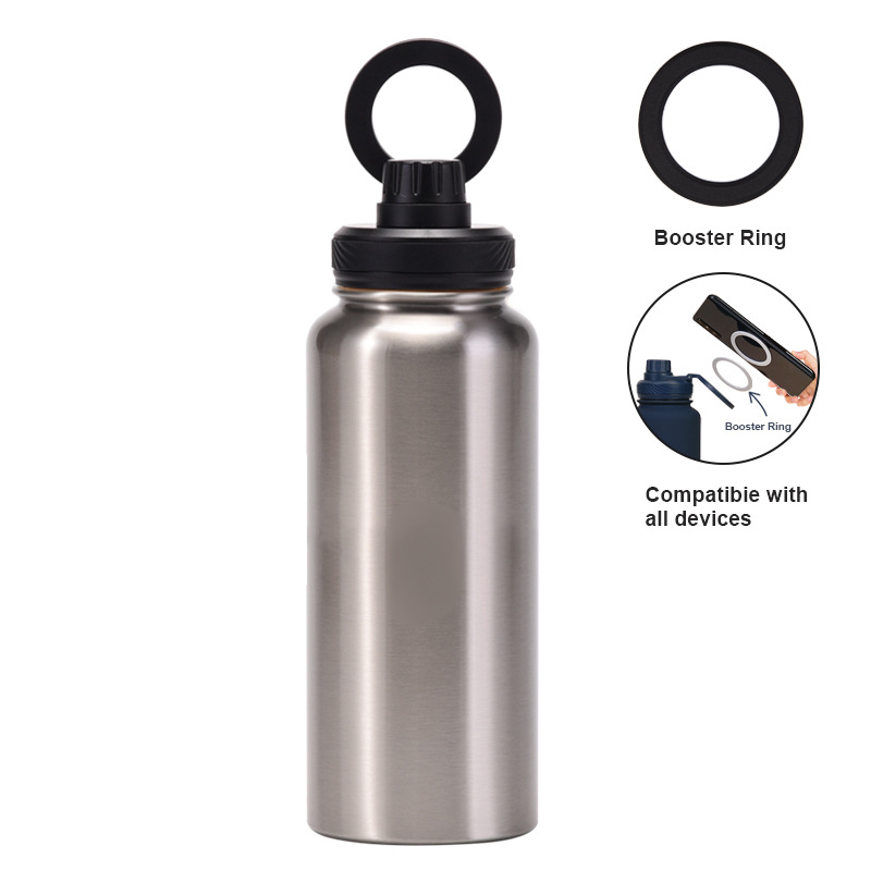V888-ELOSUNG27254-202504281425-00 Silver and Black 1L Stainless Steel Water Bottle with Magnetic Phone Holder Lid - Portable Hydration & Hands-Free Stand - Image 1