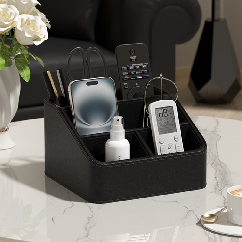 V888-ELOSUNG27257-202504281435-00 Black Stylish PU Leather Desktop Organizer Caddy - Multi-Compartment Holder for Remotes, Office Supplies, Makeup - Image 1