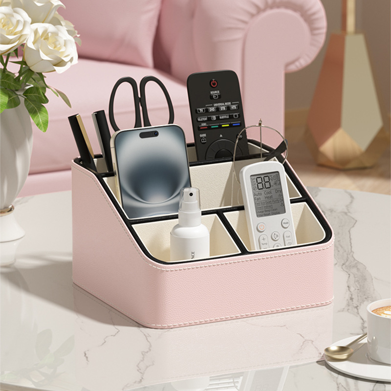 V888-ELOSUNG27260-202504281437-00 Pink and Black Stylish PU Leather Desktop Organizer Caddy - Multi-Compartment Holder for Remotes, Office Supplies, Makeup - Image 1