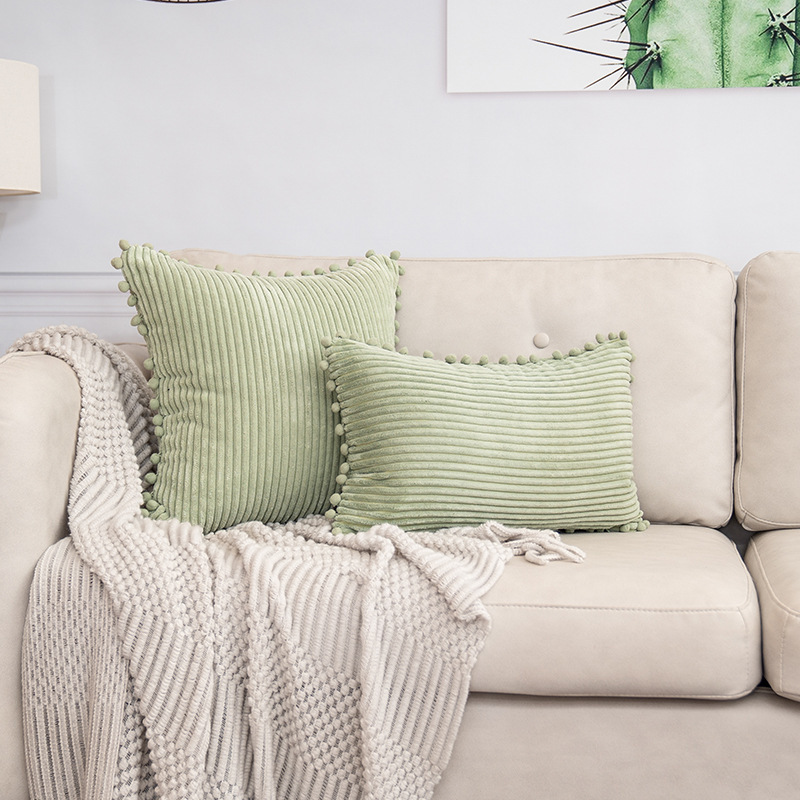 V888-ELOSUNG27288-202504291535-00 Light Green Soft Corduroy Cushion Cover Set (1 Square + 1 Rectangular) with Pom Pom Trim - Decorative Throw Pillow Cases for Sofa Couch - Image 1