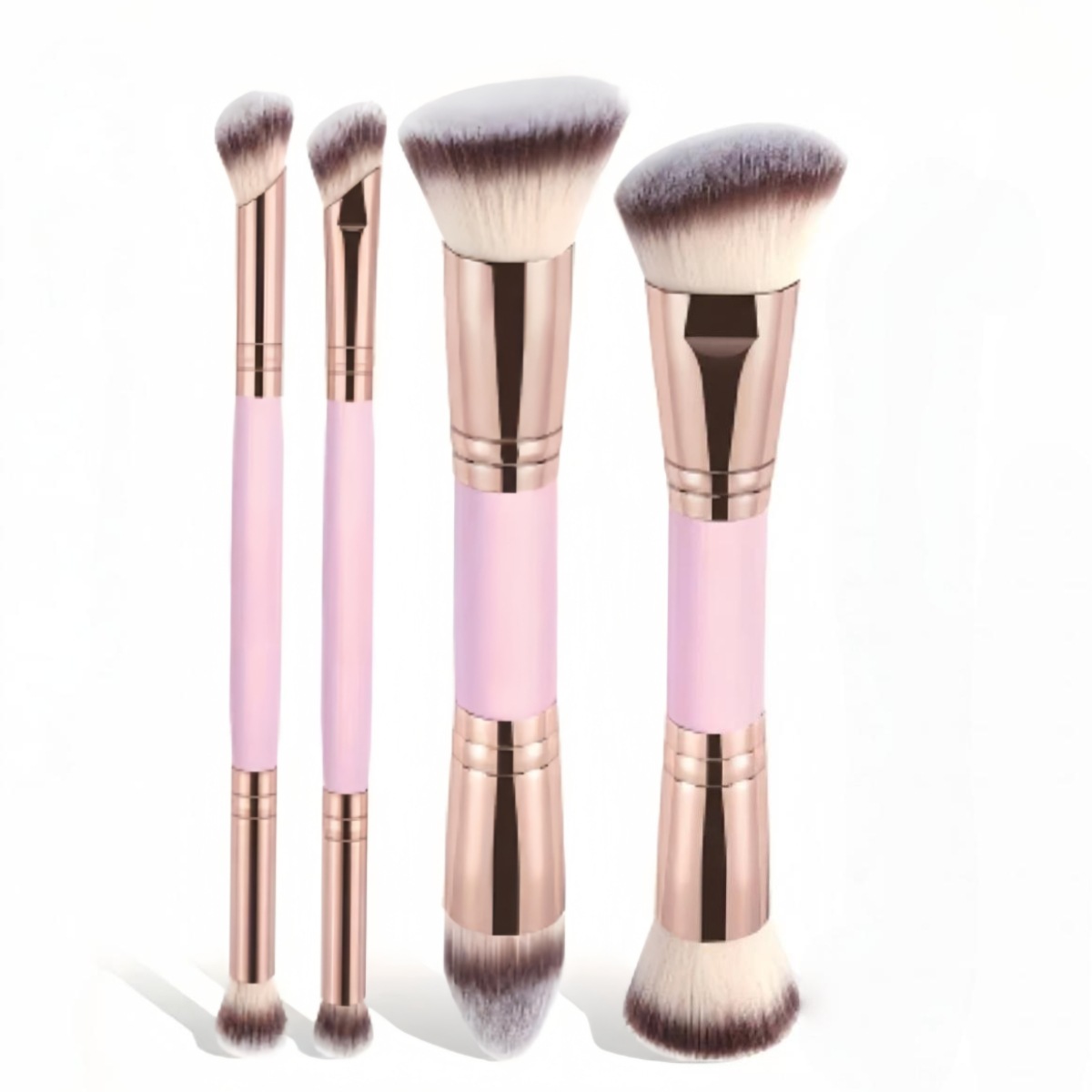 V888-ELOSUNG27342-202505071442-00 Pink and Glod Versatile 4pc Dual-Ended Makeup Brush Set - Soft Synthetic Bristles for Foundation Blush Contour Concealer - Image 1
