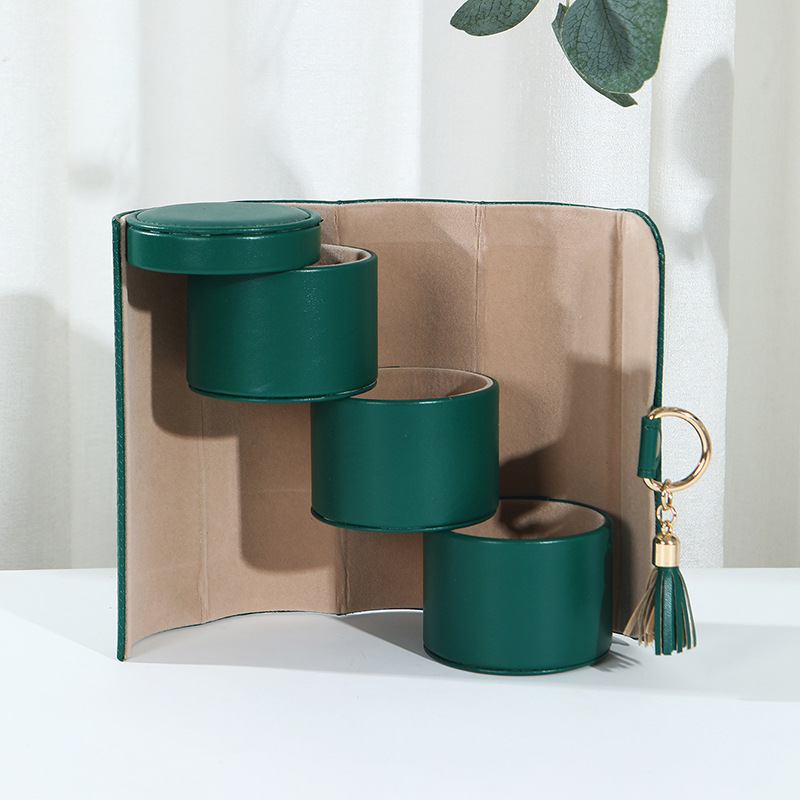 V888-ELOSUNG27347-202505071445-00 Green Elegant 3-Tier Cylindrical Travel Jewellery Box - PU Leather Organizer for Rings Earrings Necklaces with Tassel Charm - Image 1