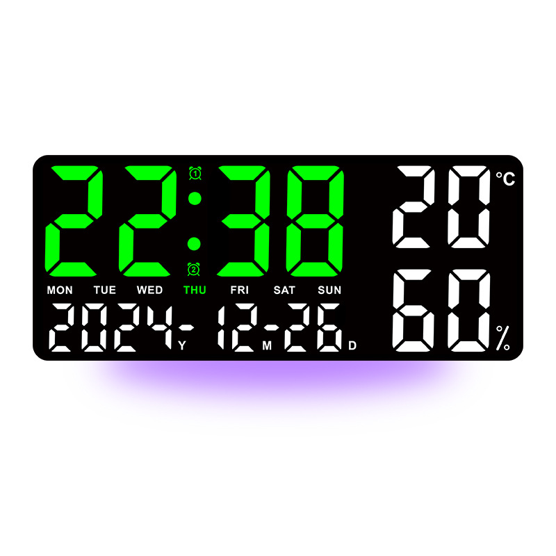 V888-ELOSUNG27420-202505081805-00 Black Background With Green and White Light Sleek Large LED Digital Wall & Desk Clock - Remote Control, Temperature, Humidity, Dual Alarms, Calendar - Image 1
