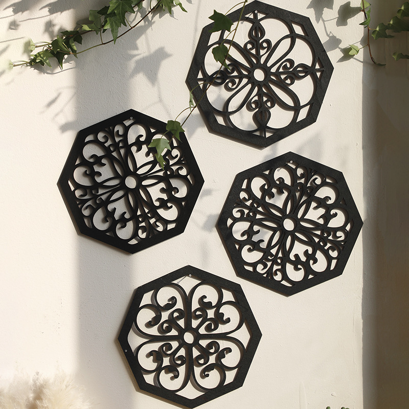 V888-ELOSUNG27436-202505081813-00 Black Set of 4 Intricate Wooden Octagonal Wall Art - European Style Mandala Decor Plaques - Image 1