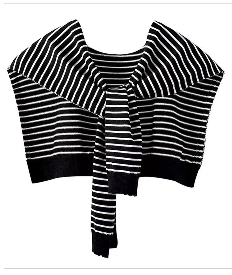 Black Chic Striped Knit Tie-Front Shawl - Lightweight Versatile Layering Capelet for Women