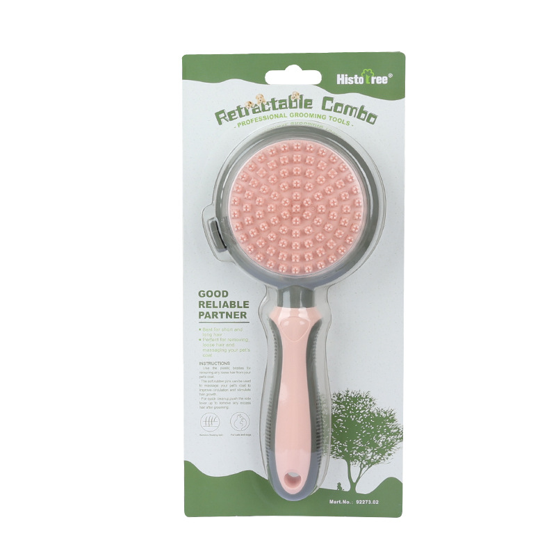 V888-ELOSUNG27534-202505131640-00 Pink And Grey Dual-Sided Pet Grooming Brush - Self-Cleaning Slicker & Gentle Massage Bath Comb for Dogs & Cats - Image 1