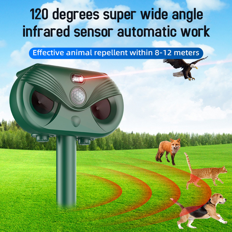 V888-ELOSUNG27648-202505151718-00 Green Advanced Solar Powered Ultrasonic Animal Repeller - Outdoor Pest Deterrent with Motion Sensor, Strobe Light & Laser - Image 1