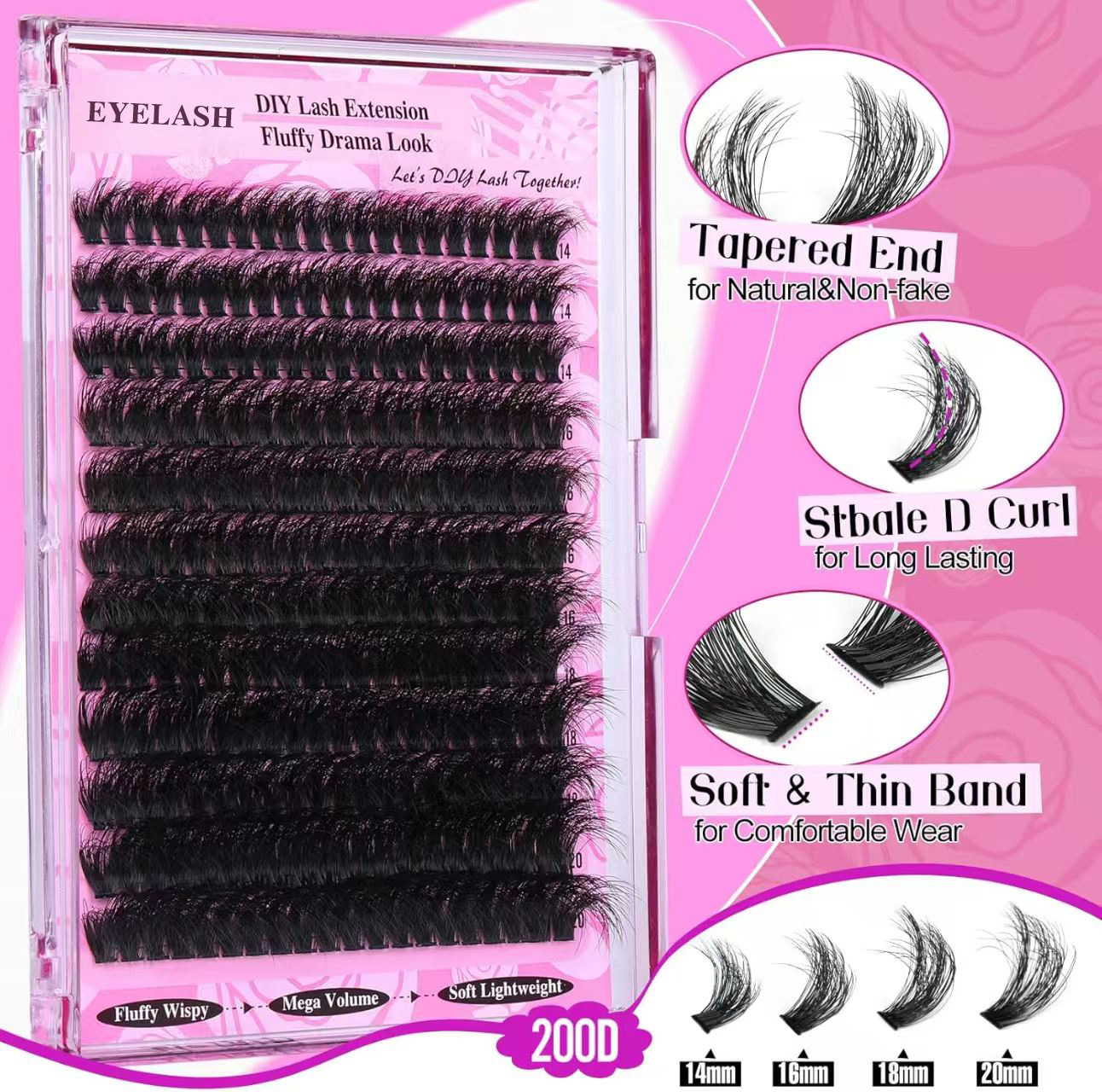 V888-ELOSUNG27663-202505151736-00 3 Pcs Black Mega Volume 200D DIY Lash Clusters - D Curl Faux Mink, Fluffy Drama Look, Mixed Lengths (14-20mm) for Custom Extensions - Image 1