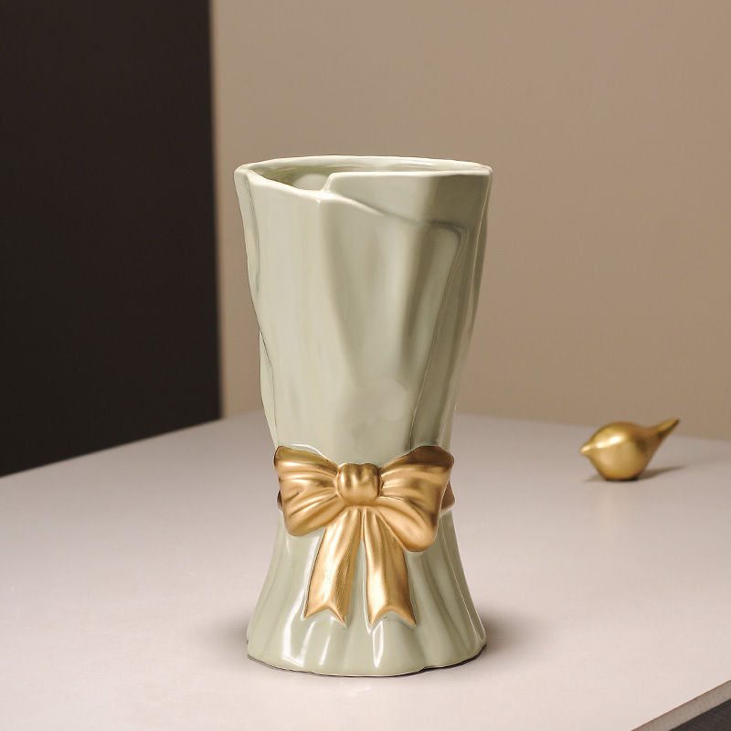 V888-ELOSUNG27751-202505191336-00 Green Elegant Ceramic Vase with Golden Bow Accent - Textured Relief Flower Holder for Living Room & Dining Table Decor - Image 1